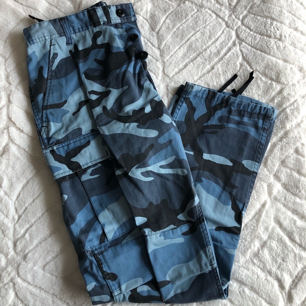 Blue and black camo cargo pants